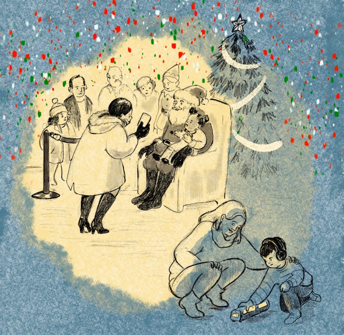 An illustration by Emily Flake of a child playing quietly with a train next to a frantic holiday sce...