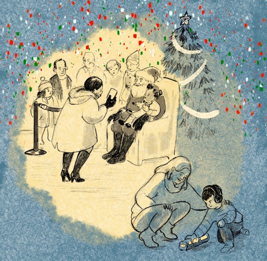 An illustration by Emily Flake of a child playing quietly with a train next to a frantic holiday sce...