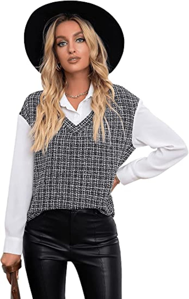 SweatyRocks Long Sleeve Tweed 2-in-1 Top