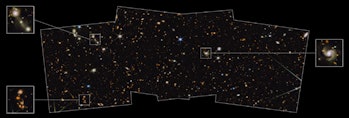 color image of stars and galaxies across the blackness of space, with three galaxies zoomed in as in...