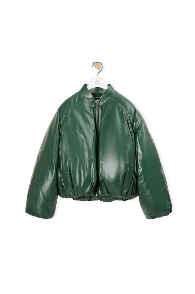 Padded Bomber Jacket in Bottle Green Nappa Leather