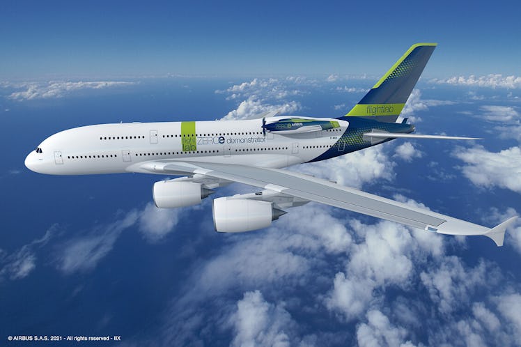 An image of the Airbus plane that will be tested with zero-emissions systems.