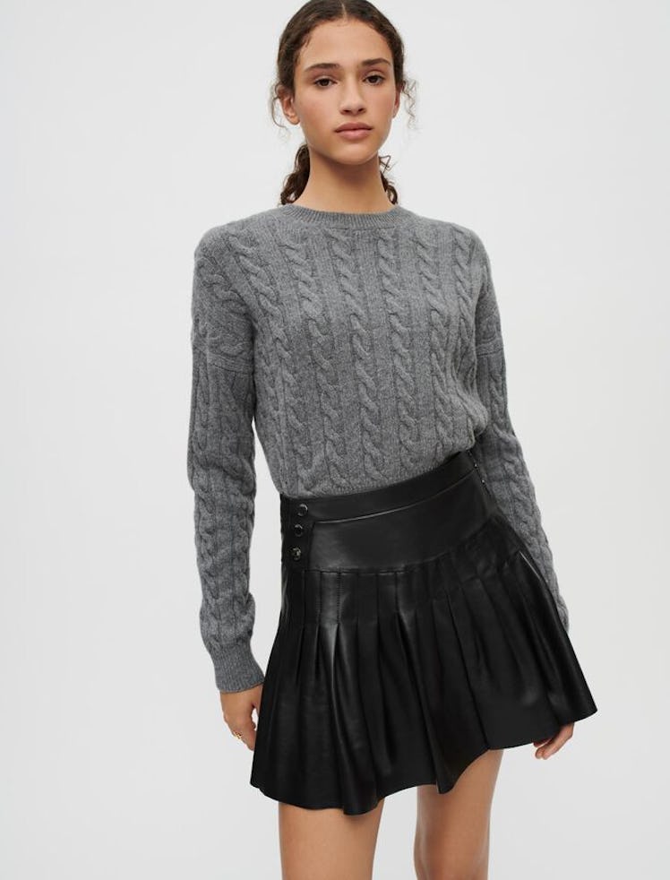 Pleated Flare Leather Skirt