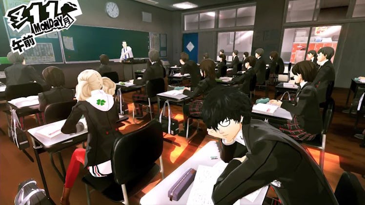 Joker resting head on palm during class behind Ann