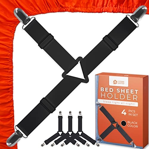 Bed Sheet Straps,4+1 Pcs Fitted Sheet Clips Holder,Upgraded Triangular Sheet Clip for Corner, Elastic Adjustable Sheet Strap for Mattress Cover, Sheet
