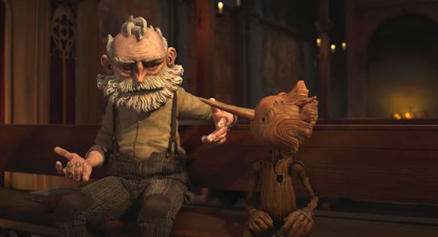 Gipetto and Pinocchio in Guillermo del Toro's Pinocchio.
