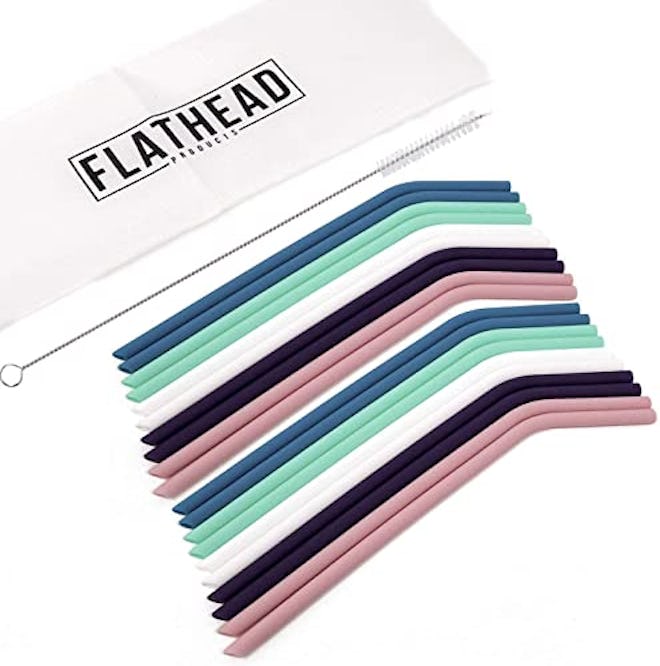 Flathead Reusable Silicone Drinking Straws + Cleaning Brush (20 Pieces)