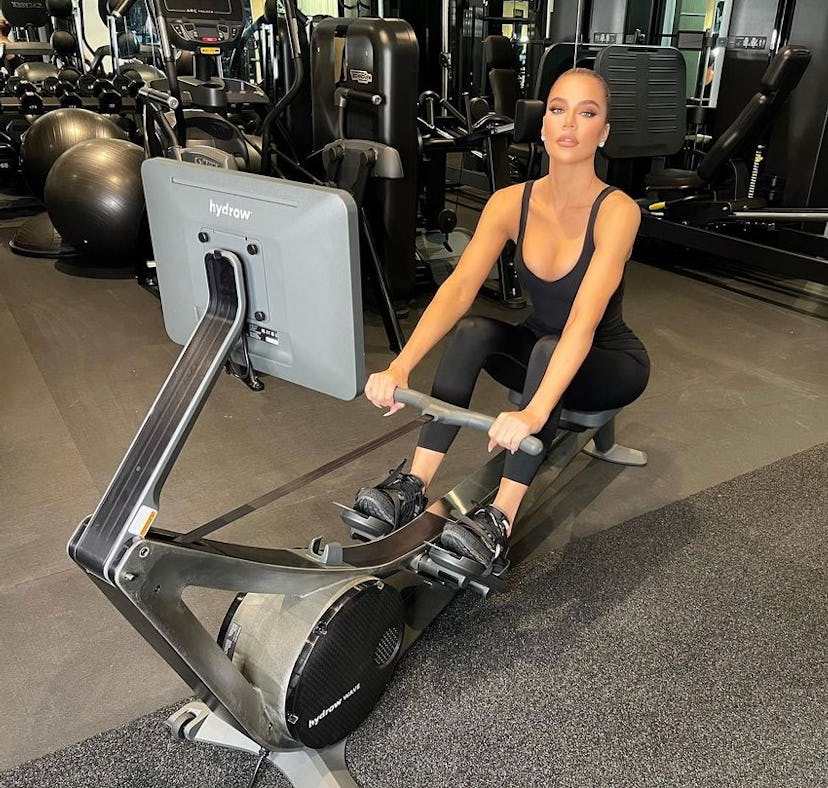 Khloé Kardashian showing her full workout routine in her home gym.