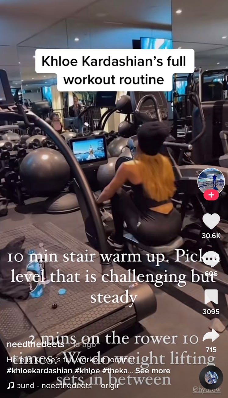 A TikToker shares Khloé Kardashian workout routine on TikTok, which includes a warm-up. 