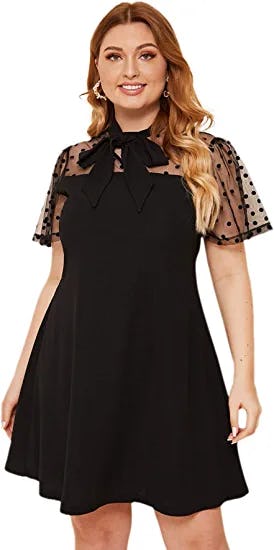 Romwe Contrast Mesh Bow Tie Neck A-Line Dress