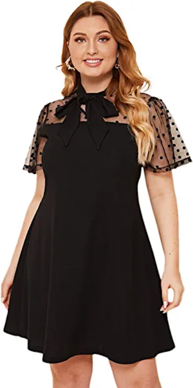 Romwe Contrast Mesh Bow Tie Neck A-Line Dress