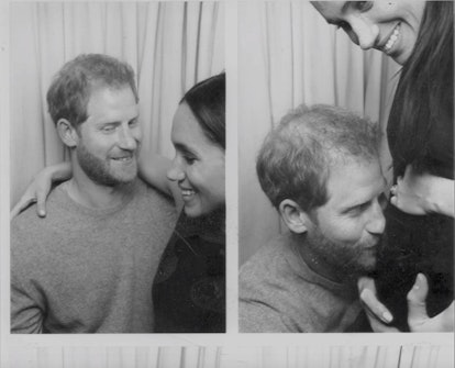 Harry and Meghan in a photoboot; Harry kisses Meghan's pregnant stomach.