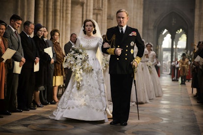 Claire Foy and Jared Harris recreate walking Elizabeth down the aisle on her wedding day in The Crow...