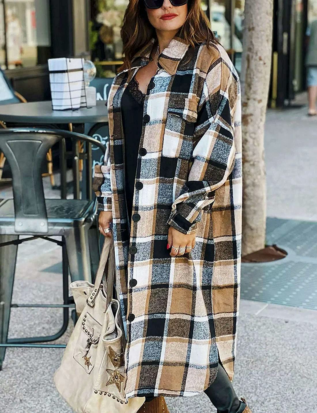 Omoone Button Up Plaid Long Shirt Jacket