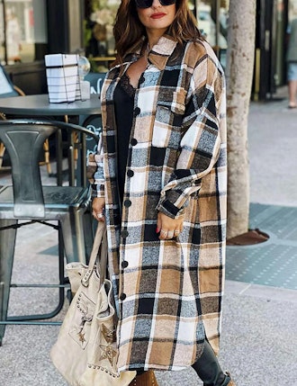 Omoone Button Up Plaid Long Shirt Jacket