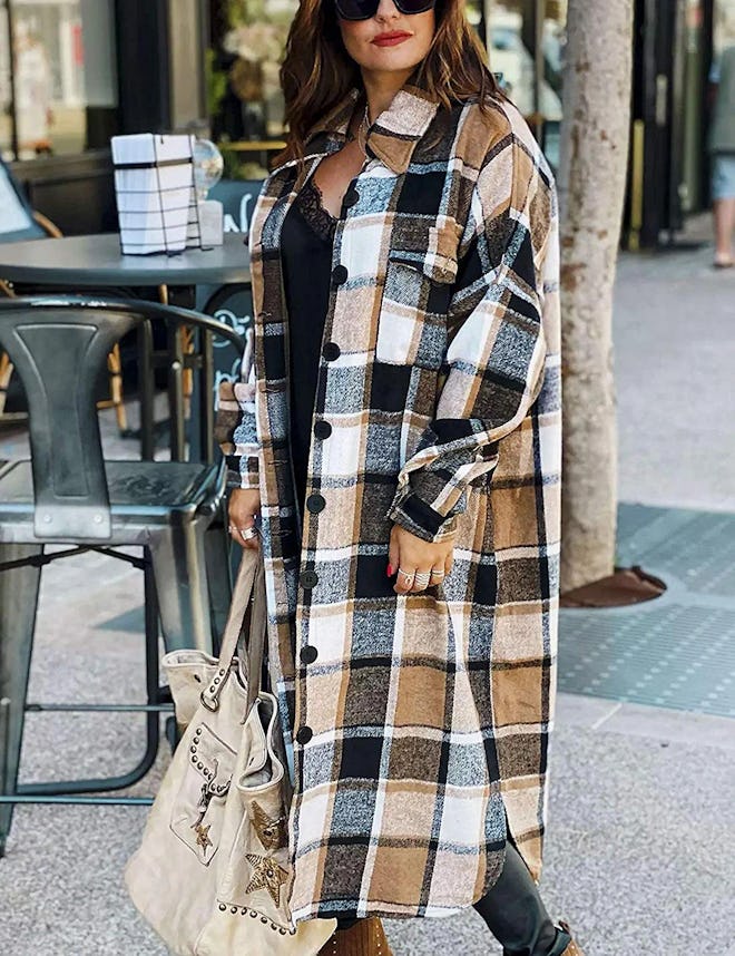 Omoone Button Up Plaid Long Shirt Jacket