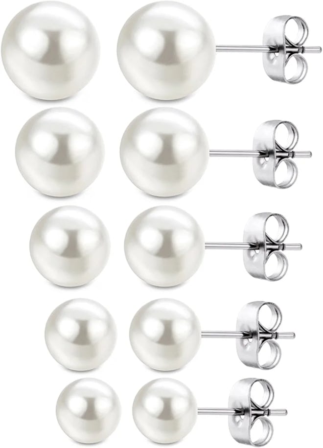 Jewelrieshop Faux Pearl Stud Earrings (5 Pairs)