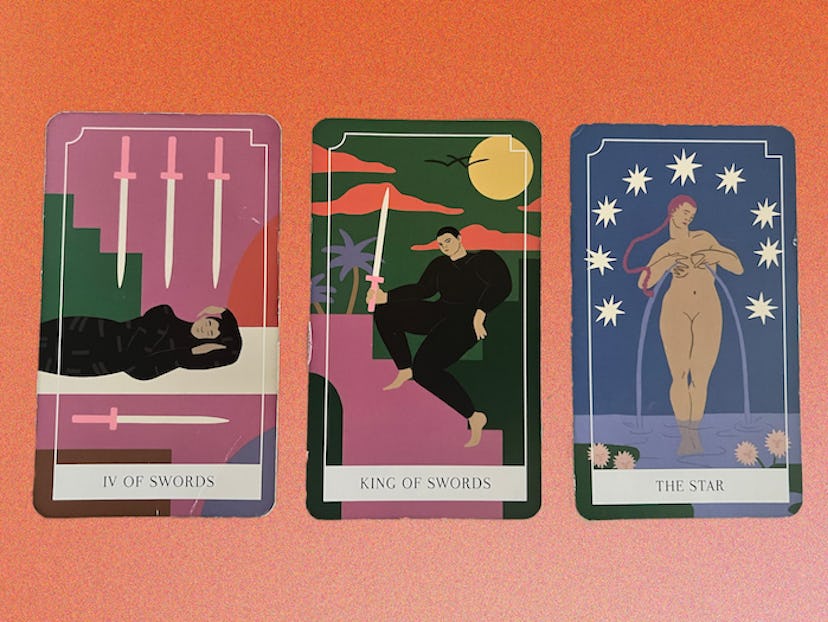 Tarot cards: Four of Swords upright, King of Swords upright, The Star upright