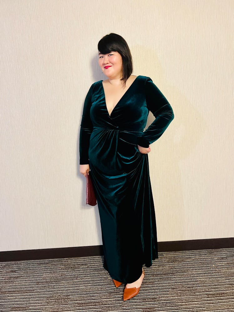 Michelle Yang in a Jenny Woo velvet dress from Nuuly Rent