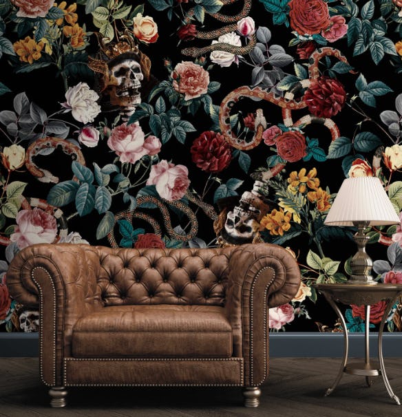 Skull &amp; Snakes Dark Floral Wallpaper