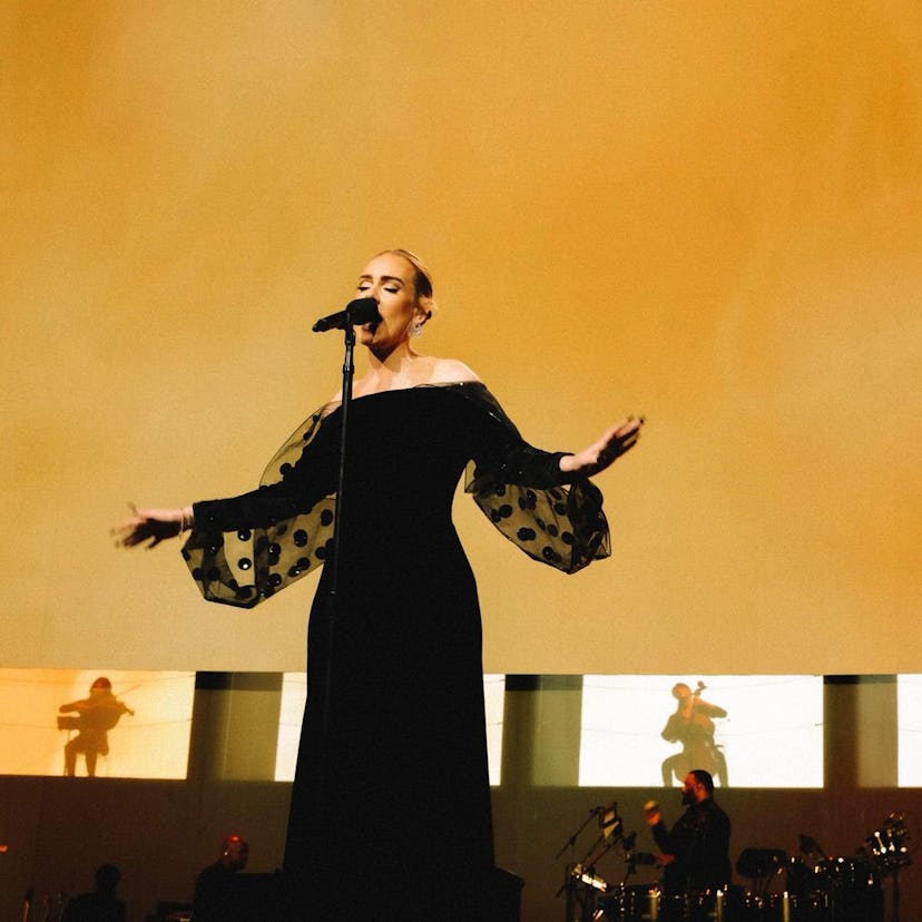 Adele wearing a black off-the-shoulder dress from Nina Ricci.