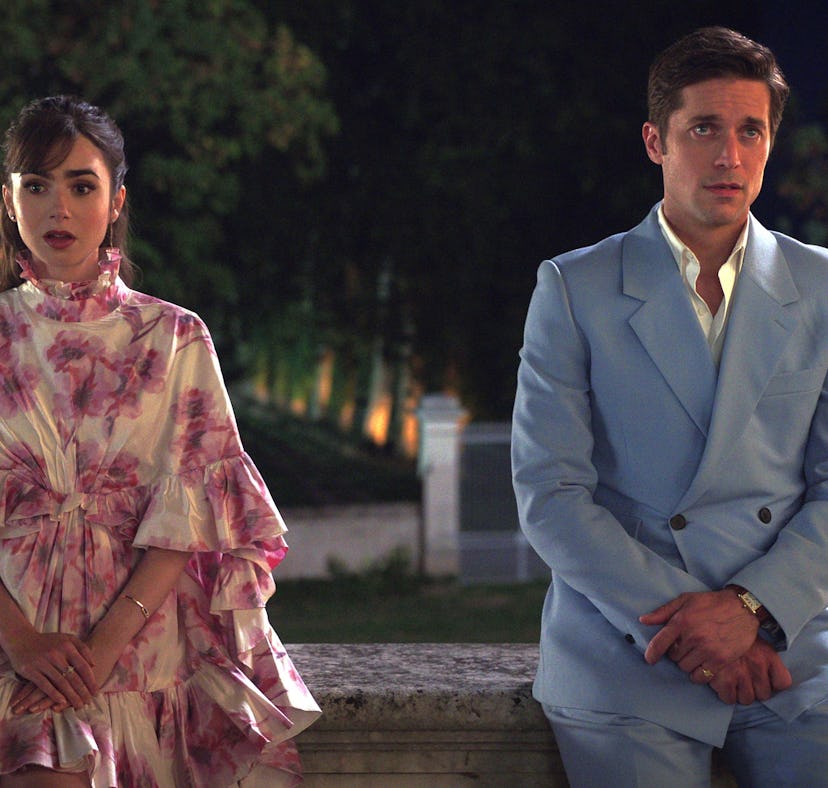 Lily Collins as Emily and Lucas Bravo as Gabriel in Emily in Paris