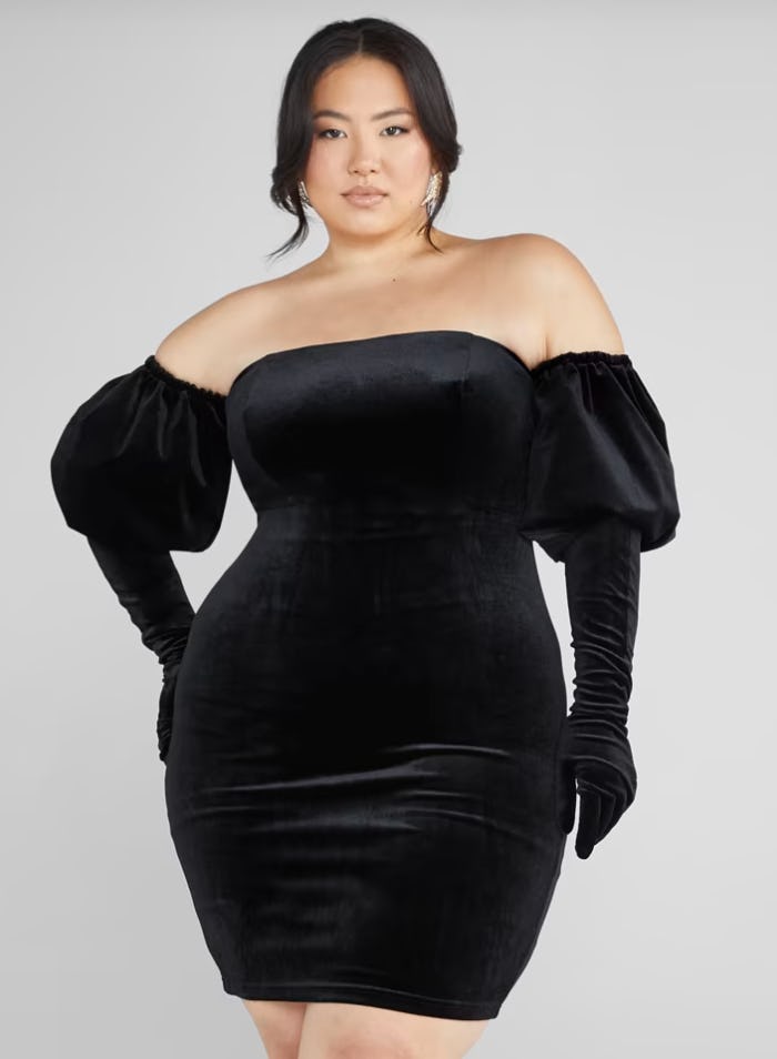 Andra Off-The-Shoulder Velvet Dress With Gloves