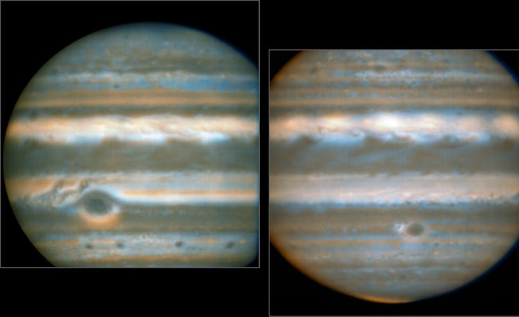 Grayscale image of 2 sides of Jupiter, with dark gray and bright white bands of clouds.
