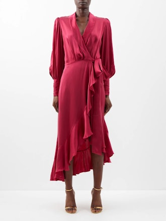 Zimmermann Ruffled Asymmetric Silk Satin Wrap Dress