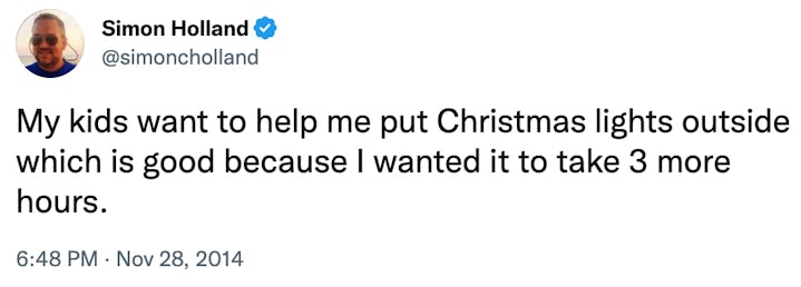 Simon Holland tweets about decorating for Christmas with kids.