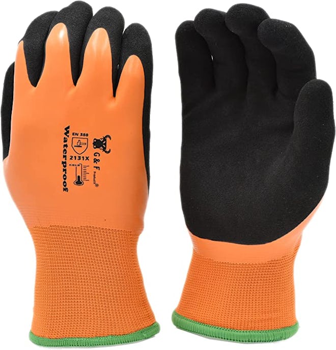Cold- and waterproof orange work gloves, perfect for trash collector gift ideas.