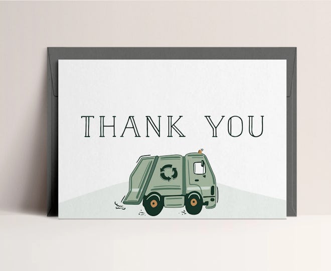 Thank you card for sanitation workers with an illustrated garbage truck on the cover