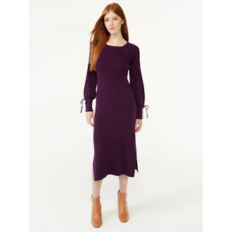 Tie Back Sweater Midi Dress with Blouson Sleeves