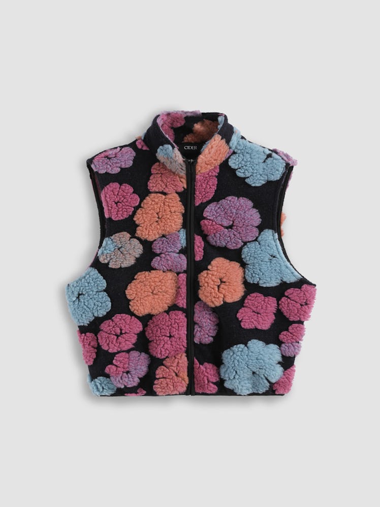 Turtle Neck Floral Pattern Zipper Vest