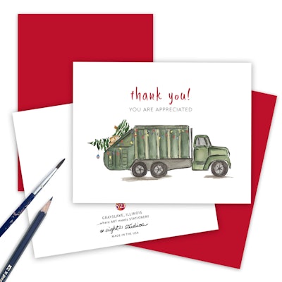 Illustration of garbage truck with lights and a Christmas tree in back on a thank you card for trash...
