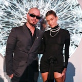 J Balvin and Hailey Bieber pose for the camera at the Tiffany & Co. Miami Art Basel party