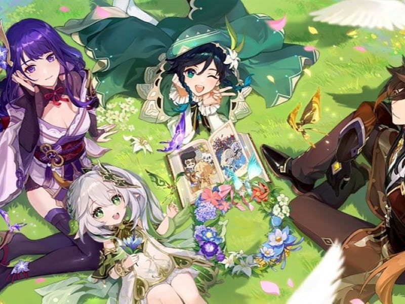 Raiden Shogun, Venti, Zhongli, and Nahida sitting on grass