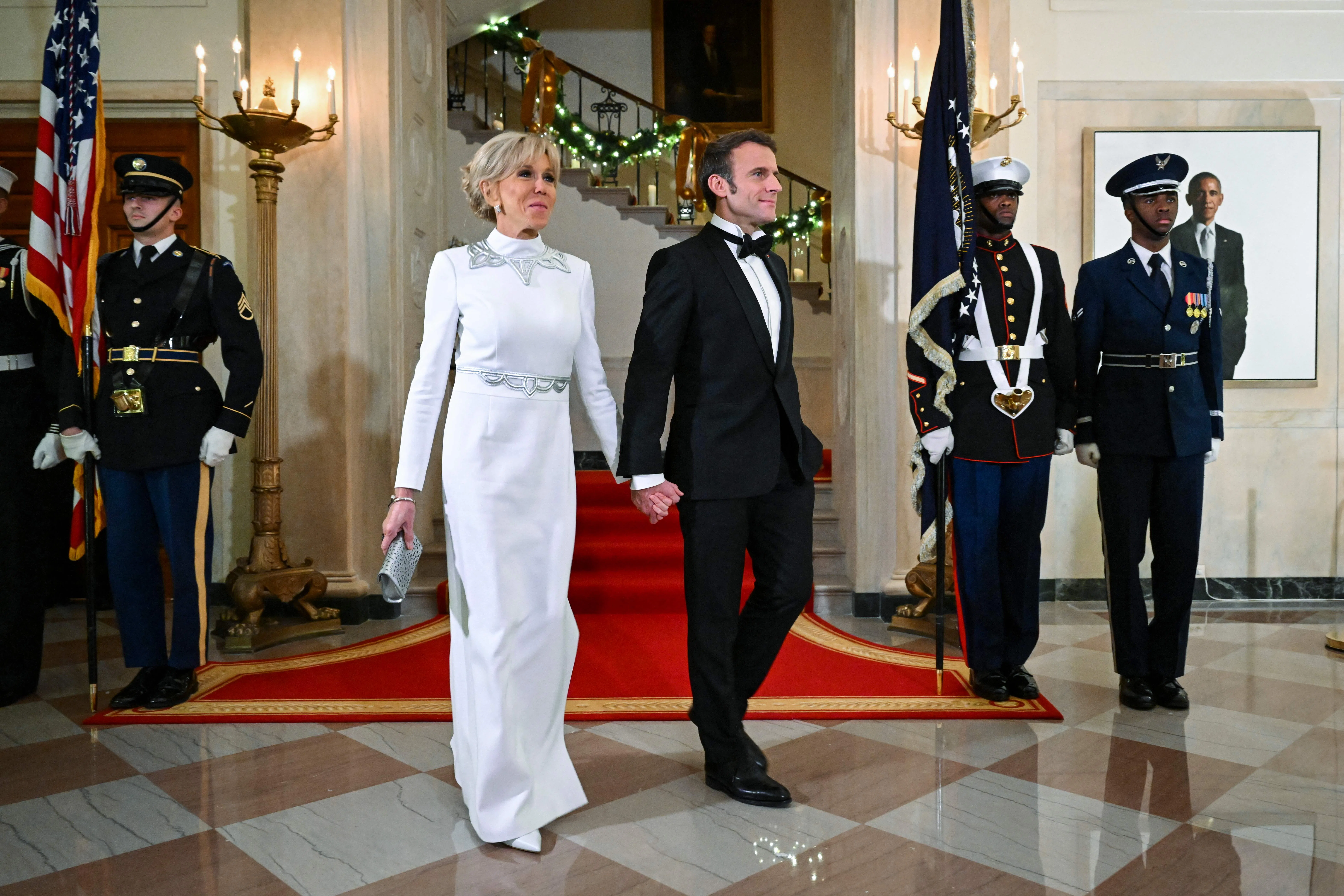 brigitte macron dress state dinner Brigitte Macron Opts for Statement Shoulders for London Banquet