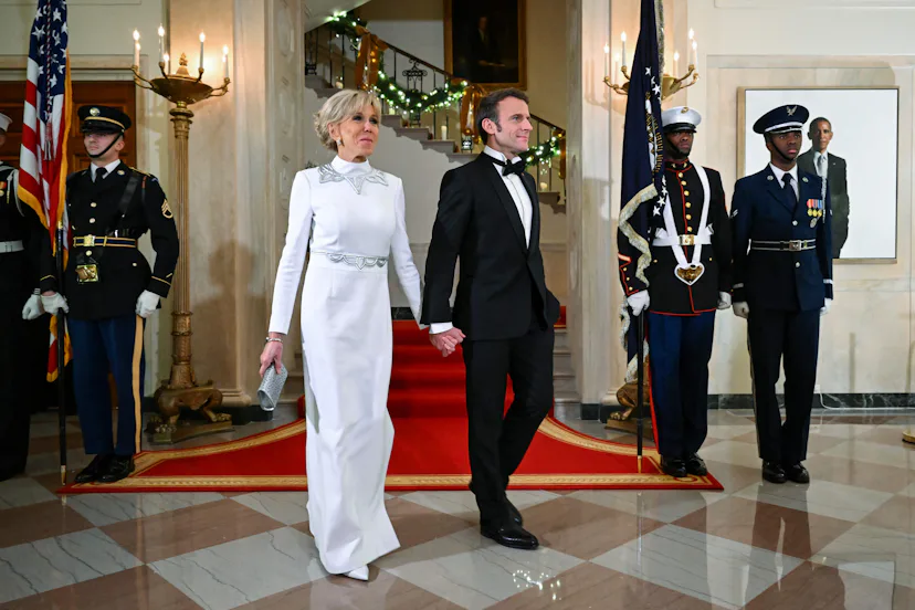 brigitte macron dress state dinner Brigitte Macron Opts for Statement Shoulders for London Banquet