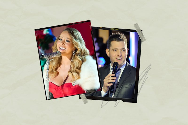 Mariah Carey and Michael Bublé performing Christmas music. 