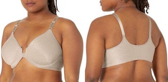 This bra for narrow shoulders has cushioned straps and a front closure.