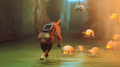 The cat in Stray running away from some enemies with its robot companion