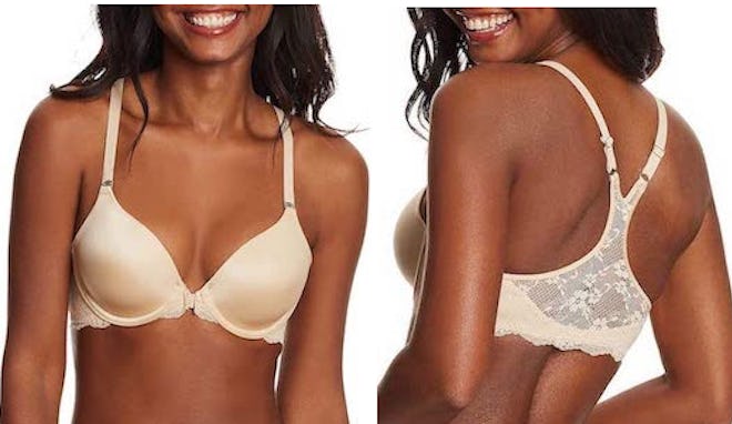This bra for narrow shoulders has a lacy racerback design.