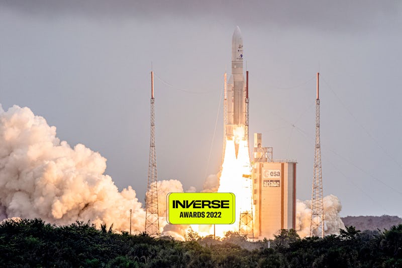 TOPSHOT - Arianespace's Ariane 5 rocket with NASAs James Webb Space Telescope onboard lifts up from ...