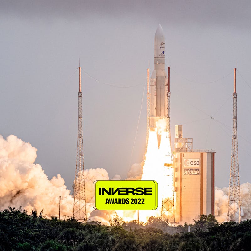 TOPSHOT - Arianespace's Ariane 5 rocket with NASAs James Webb Space Telescope onboard lifts up from ...