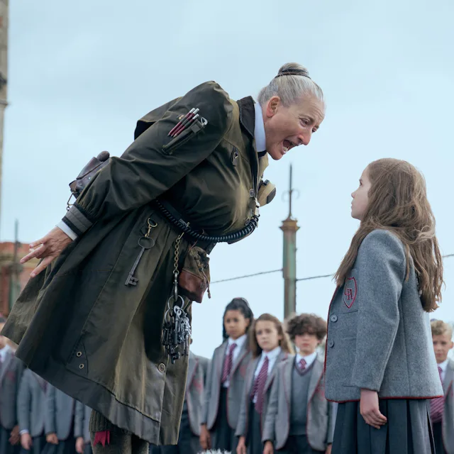 Emma Thompson as Agatha Trunchbull and Alisha Weir as Matilda in Roald Dahl's 'Matilda the Musical.'...
