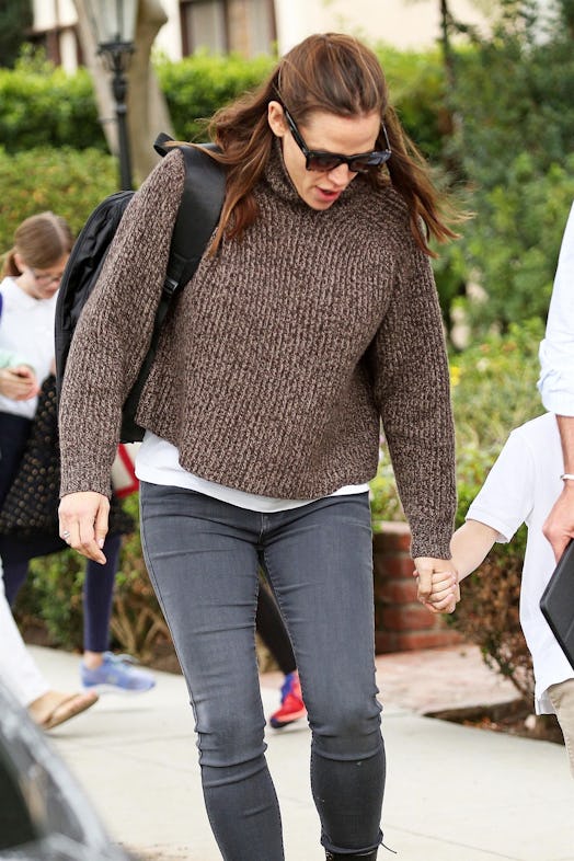 Jennifer Garner wearing a brown turtleneck sweater from The Row.