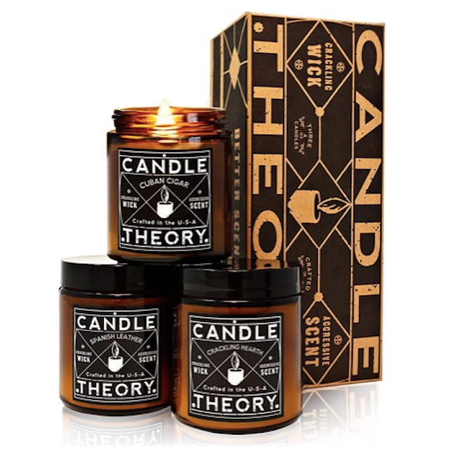 This set of three soy candles come in hearth, Spanish leather, and Cuban cigar scents.