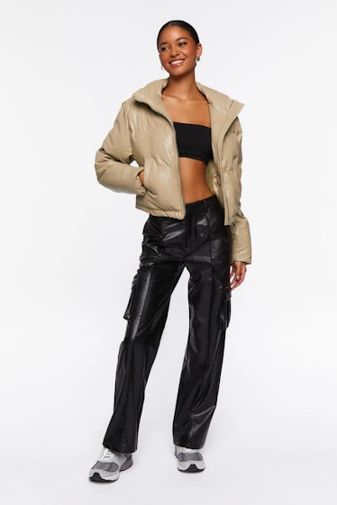 Forever 21 Faux Leather Drawstring Puffer Jacket