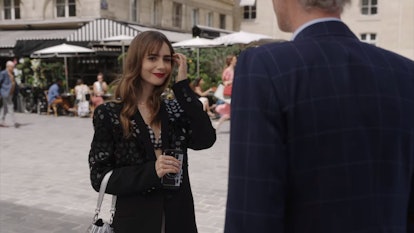 Emily in Paris: Season 2 Episode 5 Emily's Blue Lace & Striped Skirt One  Shoulder Dress